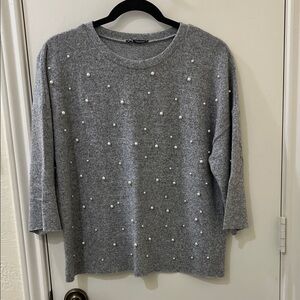 Zara Gray Pearl Embellished Sweater
